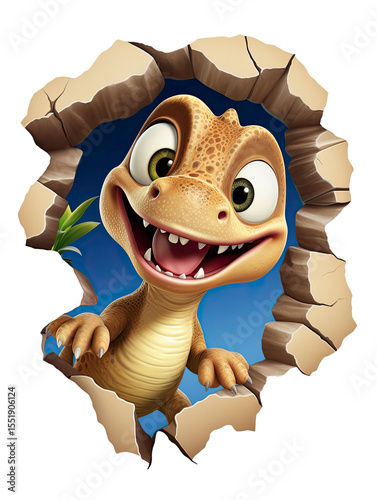 Adorable bébé dinosaure marron souriant aux grands yeux verts, sortant d'une brèche rocheuse réaliste, sur un fond bleu, avec une feuille verte discrète
