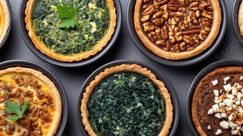 Selection of various small savory tarts filled with spinach nuts and other ingredients