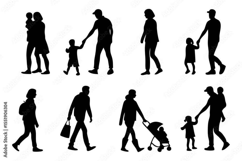 Obraz premium Family Silhouettes Collection: A set of diverse family silhouettes depicting various activities such as walking, strolling with a baby, and carrying shopping bags.