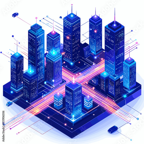 Isometric Pixel Art Cityscape with Glowing Network Connections in a Futuristic Blue Toned Urban Environment