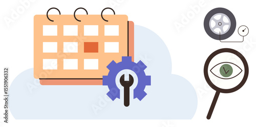 Calendar with gear, magnifying glass over eye, and tire inspection illustrates planning, maintenance, monitoring, and evaluation processes. Ideal for scheduling, organization, project management