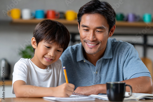 Modern parenting excellence captured as a hands-on Asian father supports his son's academic development through personalized writing instruction at home.