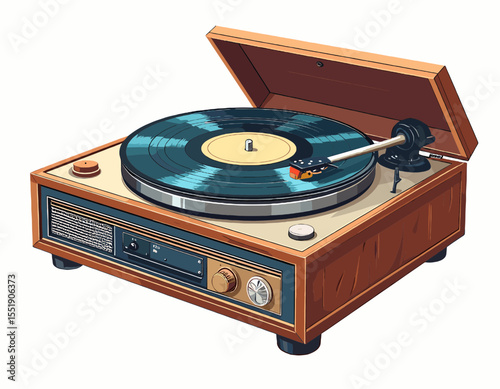 Isometric View of Pixelated Turntable with Brown Wooden Case Cream Accents and a Blue Vinyl Record Isolated on White