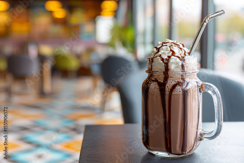 Delicious chocolate milkshake topped with whipped cream and chocolate syrup in a glass jar on a table, with a cozy cafe atmosphere and colorful patterned floor in the background