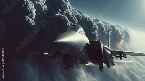 Fighter Jet Flying Through Cloudy Sky Amidst Powerful Weather Phenomena with Fire and Smoke in an Intense Aerial Scene