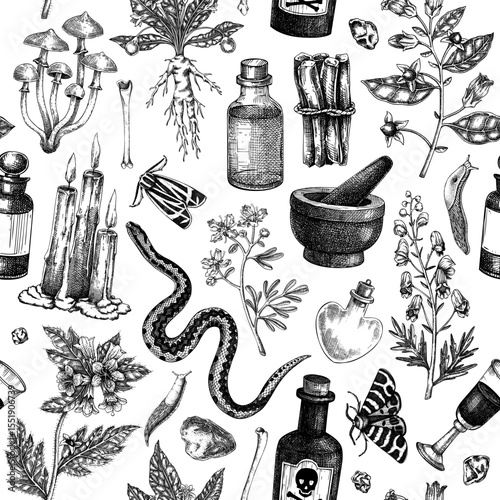 Witchcraft seamless pattern. Bohemian background. Witch herbs, poisonous plants, magic ingredients, animals, and floral elements. NOT AI generated