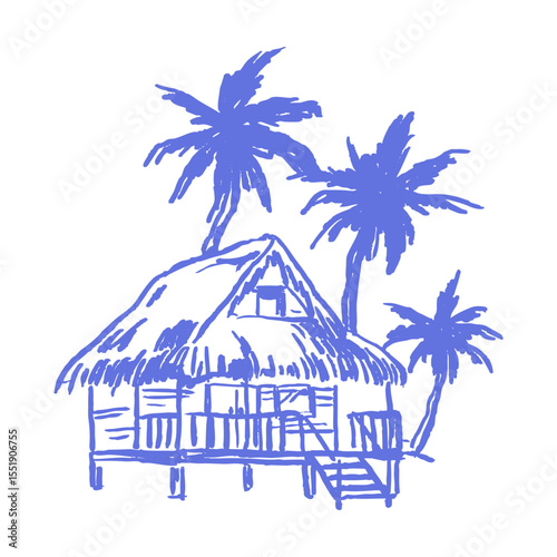 Minimal crayon sketch of tropical hut with palm trees in hand-drawn chalk style for beach lifestyle themes, Hawaii posters, boho summer branding, island design, travel illustration.
