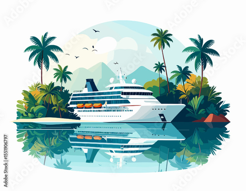 Large White Cruise Ship Sailing near Tropical Island with Palm Trees and Turquoise Water Under a Partly Cloudy Sky on a Bright Sunny Day Vacation Getaway