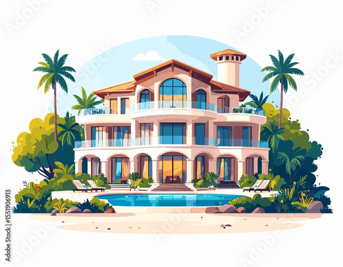 Luxurious Seaside Villa with Swimming Pool Palm Trees and Blue Sky in a Serene Tropical Landscape on a Bright Sunny Day Illustration