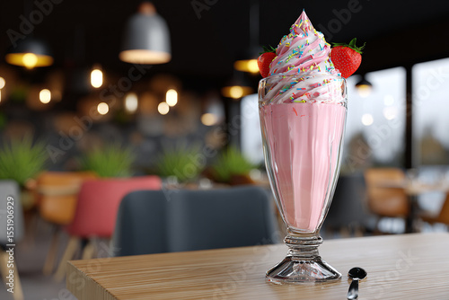 A creamy pink milkshake loaded with whipped cream, colorful sprinkles, and a juicy strawberry garnish, beautifully presented in a clear glass against a cozy café backdrop.