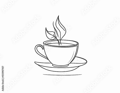 Minimalist Line Art Illustration of Hot Tea Cup with Steam and Leaf on White Background
