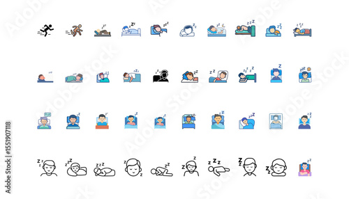 Sleeping Icon Vector Set, Sleep Time Icon Pack, Flat Sleeping Emoji Icon, Minimal Sleep Face Icon, Bedtime Sleep Icon Design, Sleeping Symbol SVG, Zzz Icon for Sleep Mode, Sleepy Face Line Icon