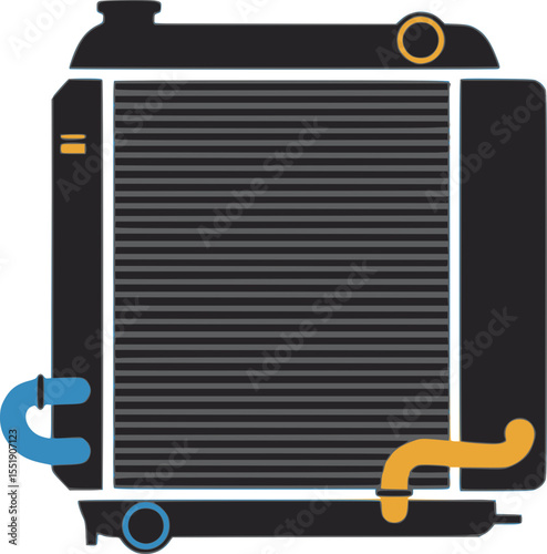 Illustration of a car radiator cross-section, with connected coolant hoses