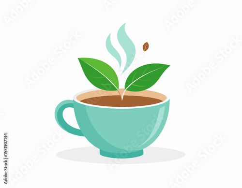 Minimalist Teal Cup Filled with Steaming Tea Topped with Green Leaves on a White Background