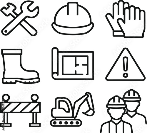 Construction and Safety Icons Set – Outline Vector Illustration