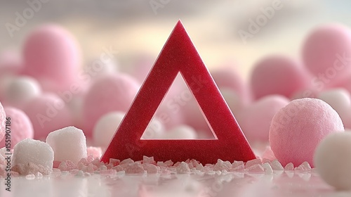 Red Triangle Amidst Pink Spheres 3D Render