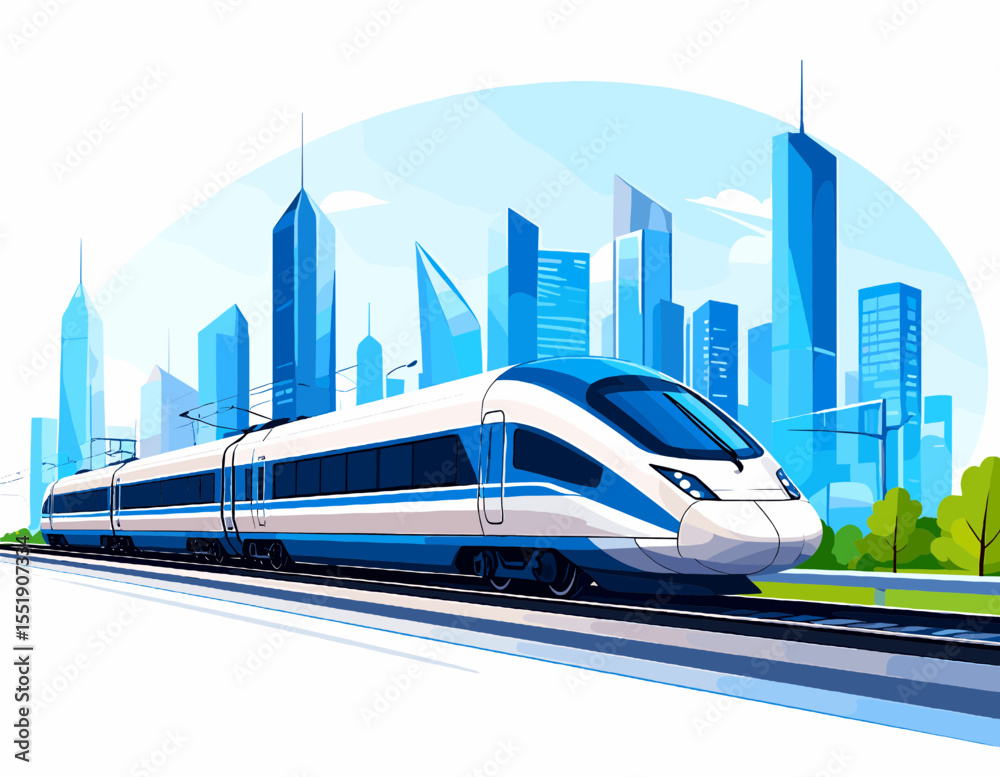 Fototapeta premium Modern High Speed Train Passing Through a Blue Cityscape with Tall Buildings on a Clear Day Transportation and Advanced Technology