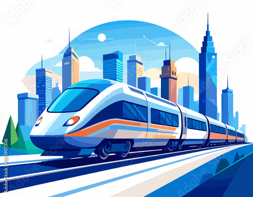 Modern High Speed Train in Motion Through Cityscape with Blue Tones and White Skyline with Buildings and Abstract Sky Landscape