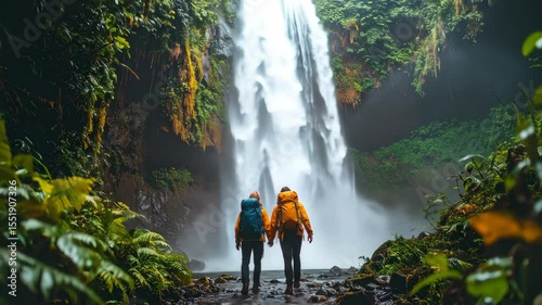 Two backpackers trek toward a magnificent waterfall Lush greenery surrounds them creating an inviting nature scene An adventure awaits in this scenic landscape
