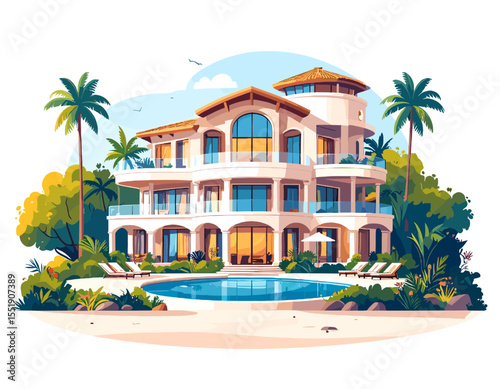 Modern Luxurious Villa with Pool View and Tall Palms in Tropical Island Landscape Under Bright Sky on Sandy Beach