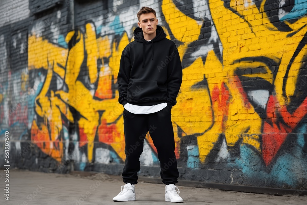 A young man in a black hoodie and sweatpants sports suit mockup stands confidently against a vibrant graffiti wall. The urban setting features colorful street art, adding a modern and edgy vibe. A young man in a black hoodie and sweatpants sports suit mockup stands confidently against a vibrant graffiti wall. The urban setting features colorful street art, adding a modern and edgy vibe.