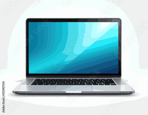 Open Laptop with a Blue Screen on White Background Digital Workspace Silver Portable Notebook Computer Design Illustration
