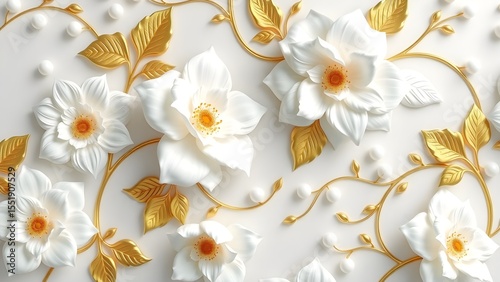 Golden Elegance: White Flowers and Gilded Vines