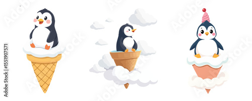 Cute Cartoon Penguins on Ice Cream Cones with Clouds Set Vector Illustration Adorable Animal Characters Sweet Dessert Scalable Graphic Collection