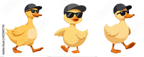 Funny Cartoon Duck Characters Walking with Sunglasses and Baseball Caps Vector Illustration Set Animal Mascot Graphic Element Design