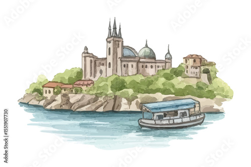 Enchanting island scene with a historic castle, lush greenery, and a peaceful boat on blue waters-ideal for travel, fairytale, or storybook-themed designs.