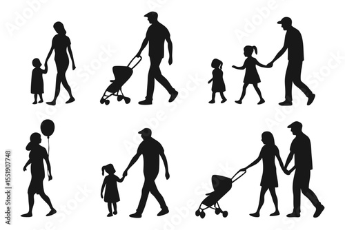 Family Silhouettes Collection: A set of six diverse family silhouettes depicting parents and children engaging in everyday activities like walking, strolling with a stroller and holding a balloon.