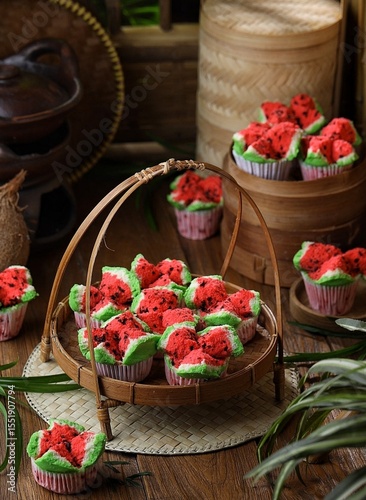 Bolu Kukus Semangka. Watermelon steamed bolu is a traditional Indonesian snack in the form of steamed sponge cake colored like watermelon