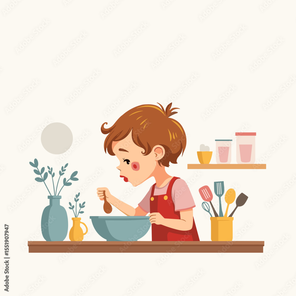 Young girl mixing ingredients in bowl in cozy kitchen setting Young girl mixing ingredients in bowl in cozy kitchen setting