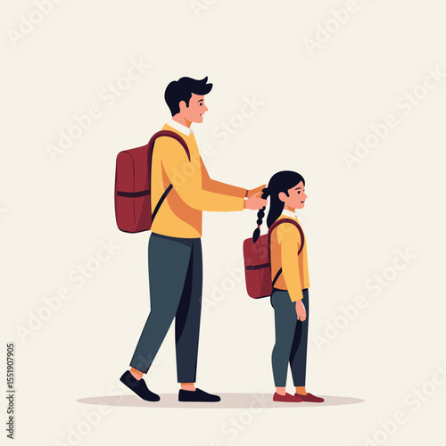 Father leading daughter by ponytail to school in casual attire  