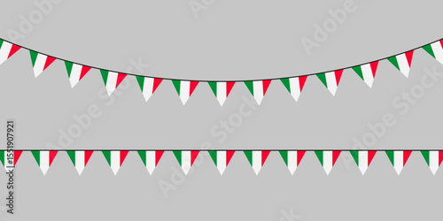 Festive pennant garland with red, white, and green triangular flags hanging on a gray background, perfect for celebrations and national holidays.