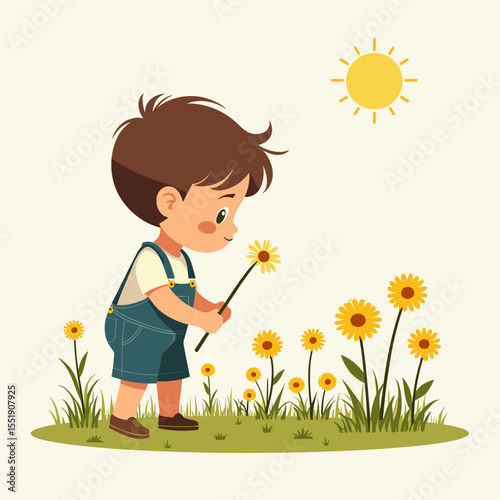 Young boy picking flowers in sunny field with yellow daisies  