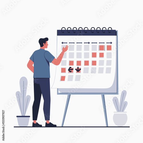 Young man analyzing calendar and marking dates during day  