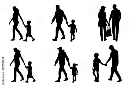Family Silhouettes Walking: Six diverse family silhouettes showcasing parents and children walking hand-in-hand, representing family bonding, togetherness, and unity.