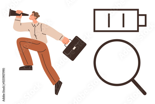 Businessman running with briefcase and telescope alongside low battery and magnifying glass. Ideal for motivation, business, job search, energy, career journey, focus, goals. Simple flat metaphor