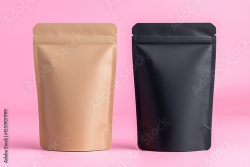 Two stand up pouches one kraft and one black against bright pink background