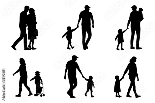 Family Silhouette Collection: A collection of silhouetted families enjoying simple moments, capturing the essence of togetherness. Featuring couples, parents walking hand-in-hand with their children.