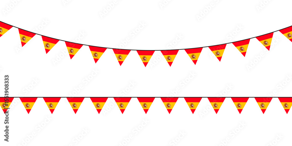 Obraz premium Spanish flag bunting with red and yellow triangles and coat of arms, perfect for national celebrations or festive decor.