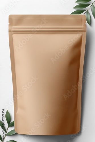 Tan pouch mockup with green leaves against white surface evoking natural product vibes