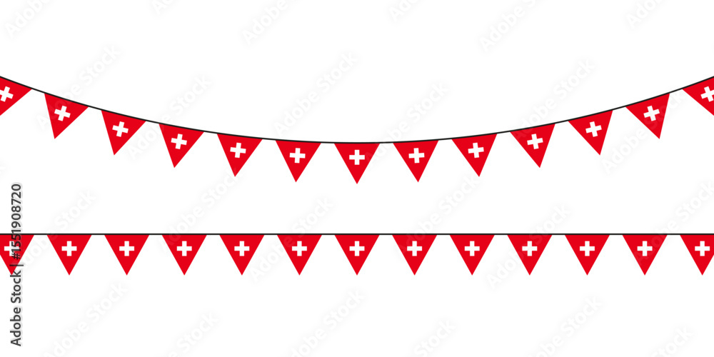 Obraz premium Swiss-themed festive bunting with red triangular flags and white crosses, ideal for national celebrations, events, or patriotic designs.