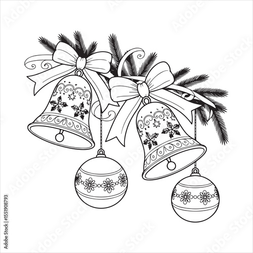 Christmas Bells and Ornaments with Pine Branches Line Art