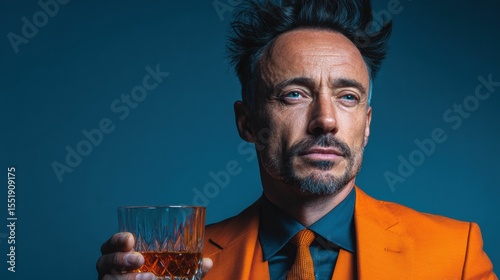 A whiskey glass in hand, a man in a suit projects business sophistication, while the cinematic lighting and rich, dark textures contribute to a mysterious, high end vibe.
