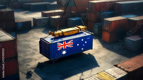 A large cargo container painted with the Australian flag is lifted in a shipping yard, symbolizing export and global trade.