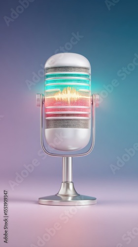 Retro Silver Microphone with Colorful Lights in Podcast Studio