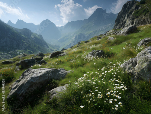 A mountain landscape with green grass, white flowers, rocks, and distant peaks under a cloudy sky