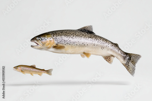 Two trout fish swimming in a white background with one fish larger than the other in the image view